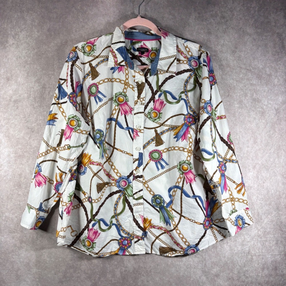 Talbots Button Down Shirt Womens 2XP White Equestrian Chain Ribbon Print Artsy